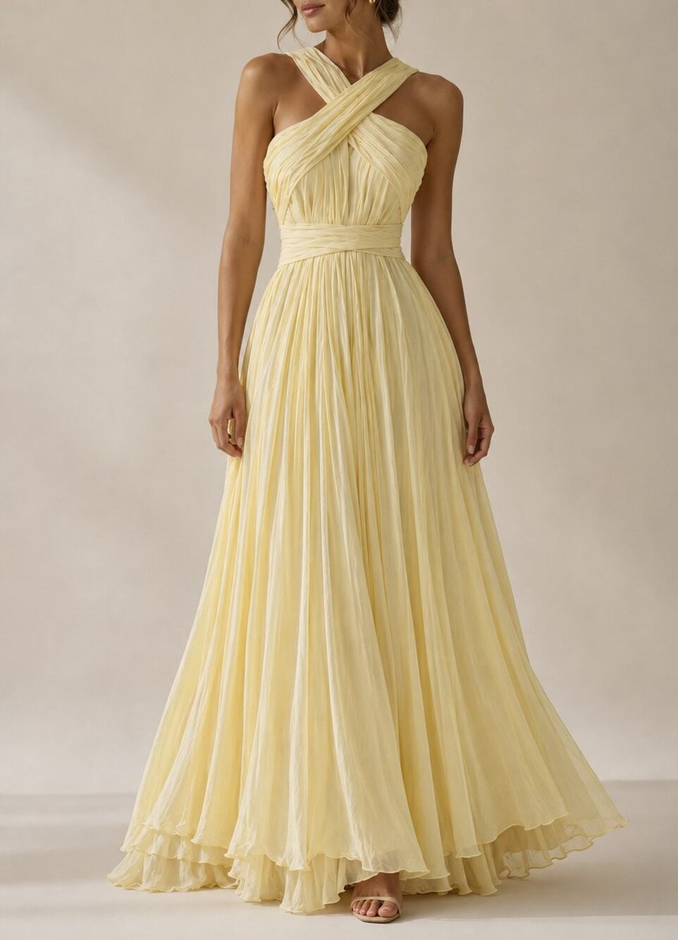 Monique Lhuillier NWT Yellow Silk Pleated Halter Maxi Gown Dress Size 8